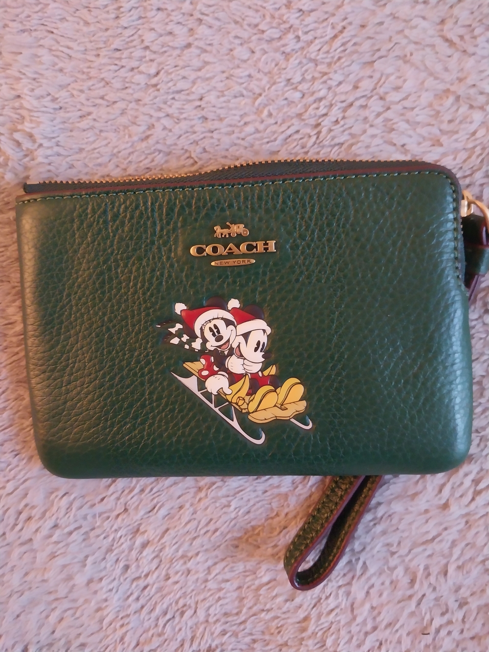 Coach Green Leather Wristlet with Mickey & Minnie Ski Graphic